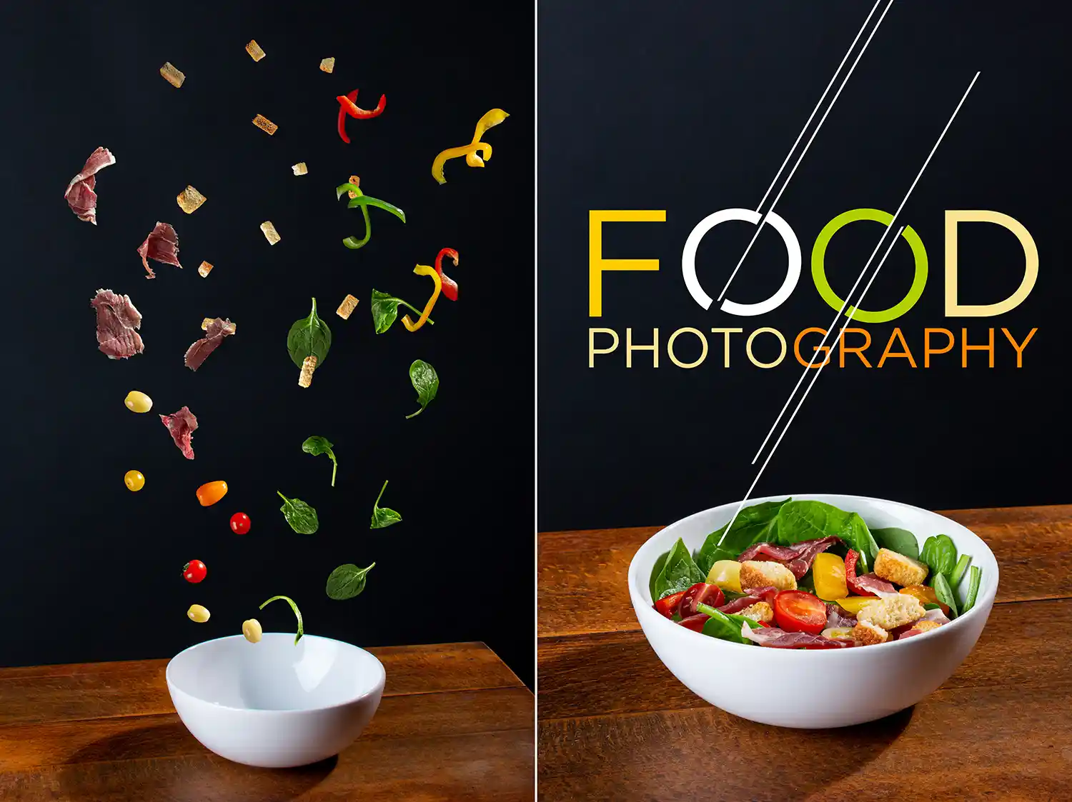 Création avec montage photo présentant des ingrédients d'une salade tombant dans un bol